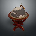 Decorative Ornament Set Featuring Globe With World Map On Carved Red Stand