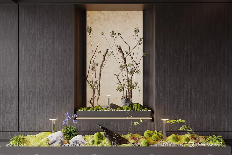 Indoor Landscape With Dark Wooden Walls Light Marble Niche Dried Branches Green Moss And Plants 3d model 