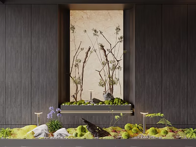 Indoor Landscape With Dark Wooden Walls Light Marble Niche Dried Branches Green Moss And Plants 3d model