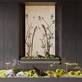 Indoor Landscape With Dark Wooden Walls Light Marble Niche Dried Branches Green Moss And Plants
