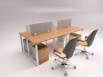 Modern Office Desk With Wooden Top Dividers And Wheeled Office Chairs 3d model