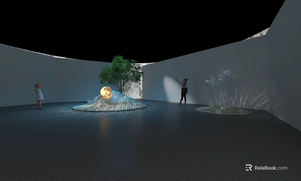 Captivating Art Installation Featuring Glowing Moon Tree Water Ripple Transparent Structure And People Interacting 3d model 