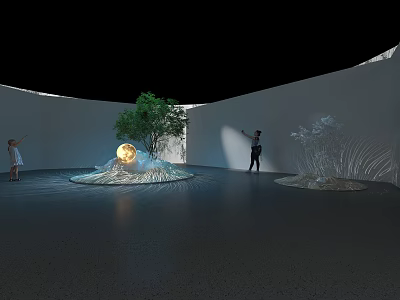 Captivating Art Installation Featuring Glowing Moon Tree Water Ripple Transparent Structure And People Interacting 3d model