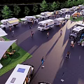 Outdoor RV Camping Area With Tents People Trees And Solar Panels