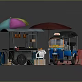 Thai Street Food Cart With Tuk Tuk And Colorful Umbrellas Near Chair