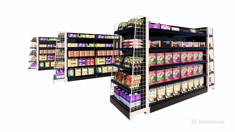 Retail Store Display Shelves Organized With Various Products And Colorful Packaging 3d model 