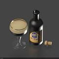 Dark Beer Bottle And Glass With Foam And Cork On Blue Background