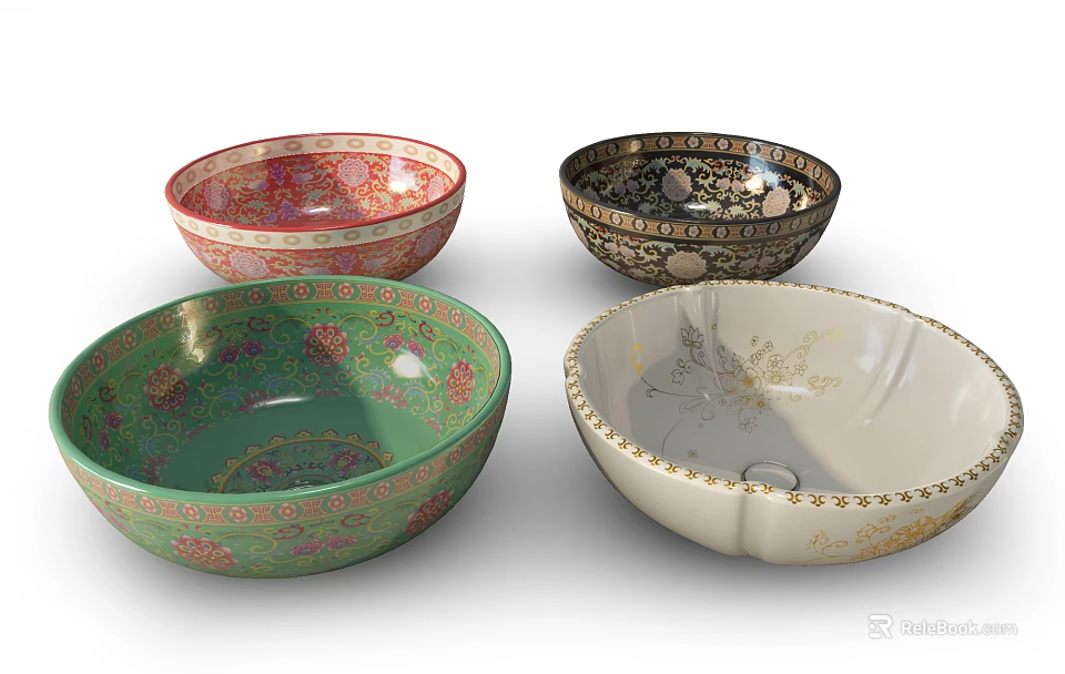 Vintage Colorful Decorative Washbasins With Floral Patterns And Ornate Designs 3d model 