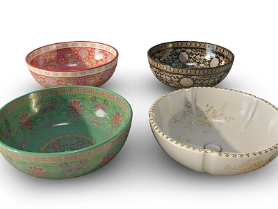 Vintage Colorful Decorative Washbasins With Floral Patterns And Ornate Designs 3d model