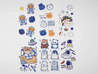 Cute Cartoon Wall Decor With Astronaut Bear Star Cloud And Girl Stickers 3d model