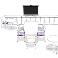Modern Conference Table With Purple Padded Chairs TV Screen Cabinet And Small Round Tables
