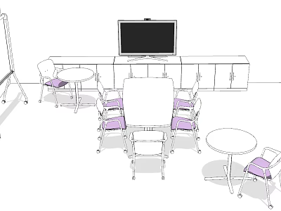 Modern Conference Table With Purple Padded Chairs TV Screen Cabinet And Small Round Tables 3d model