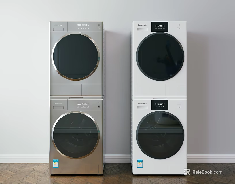 Silver and White Stackable Washing Machines with Modern Design in Laundry Room 3d model