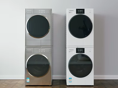 Silver and White Stackable Washing Machines with Modern Design in Laundry Room 3d model