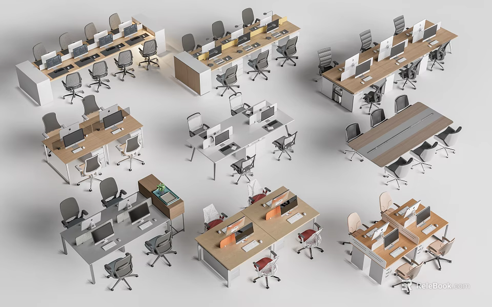 Modern Office Desks With Ergonomic Chairs Computer Monitors And Workspace Layouts 3d model 