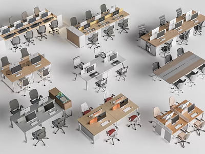 Modern Office Desks With Ergonomic Chairs Computer Monitors And Workspace Layouts 3d model