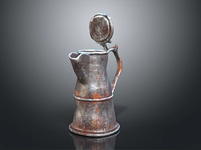 Vintage Rusty Metal Wine Jug With Lid And Handle On Black Reflective Surface Design 3d model