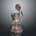 Vintage Rusty Metal Wine Jug With Lid And Handle On Black Reflective Surface Design