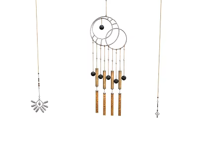Home Decorative Wind Chime With Circular Metal Rings Wooden Rods And Black Beads Hanging 3d model