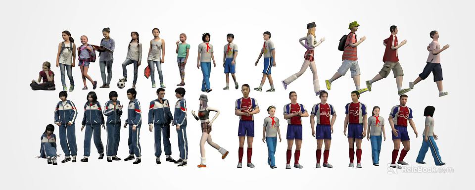 Group of People in Various Clothing Styles With Different Poses and Activities 3d model 