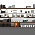 Modern Bookshelf with Wooden Shelves Books Photo Frames Storage Boxes and Decorative Items