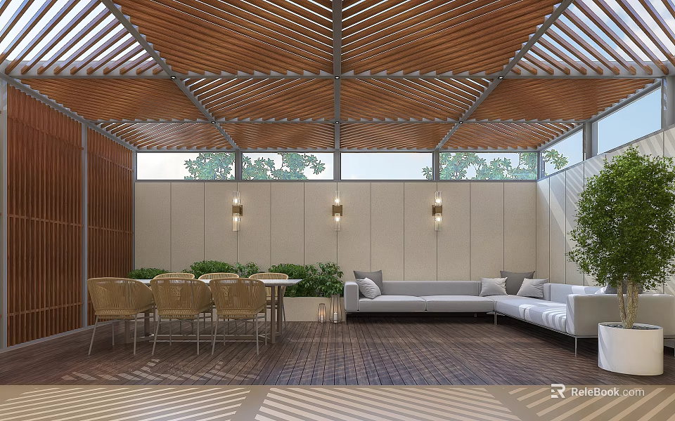 Garden Landscape With Wooden Slatted Ceiling Windows Tree Views Sofa Dining Table And Green Plants 3d model 