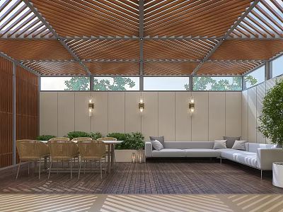 Garden Landscape With Wooden Slatted Ceiling Windows Tree Views Sofa Dining Table And Green Plants 3d model