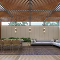 Garden Landscape With Wooden Slatted Ceiling Windows Tree Views Sofa Dining Table And Green Plants