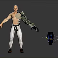 Bald Shirtless Cyborg Character With Mechanical Arm White Pants And Helmet