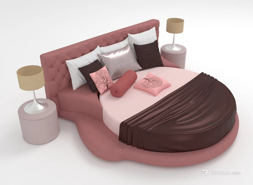 Stylish Pink Round Bed with Tufted Headboard Decorative Pillows Brown Bedding Pink Nightstands Gold Lamps 3d model 