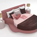 Stylish Pink Round Bed with Tufted Headboard Decorative Pillows Brown Bedding Pink Nightstands Gold Lamps