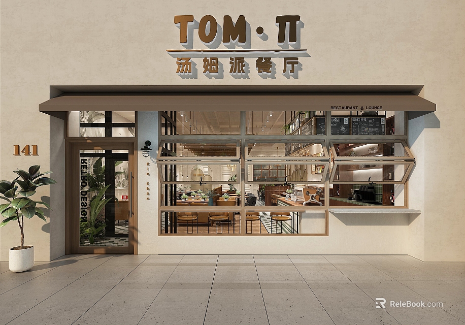 Tom Pie Restaurant Exterior With Glass Windows Entrance Potted Plants And Signboard Design 3d model 