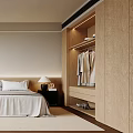 Modern Bedroom Interior Featuring Bed With White Sheets Open Wardrobe Lamp Vase And Blinds