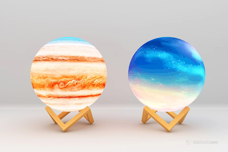 Stylish Two Round Table Lamps With Jupiter Pattern And Starry Sky On Wooden Base 3d model 