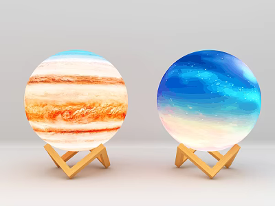 Stylish Two Round Table Lamps With Jupiter Pattern And Starry Sky On Wooden Base 3d model