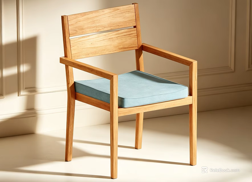 Wooden Leisure Chair With Armrests Slatted Backrest And Blue Cushioned Seat 3d model 