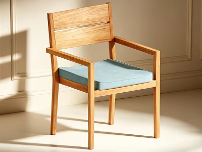 Wooden Leisure Chair With Armrests Slatted Backrest And Blue Cushioned Seat 3d model