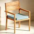 Wooden Leisure Chair With Armrests Slatted Backrest And Blue Cushioned Seat