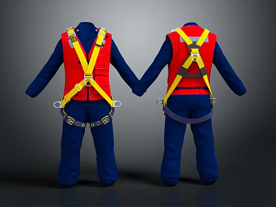 Red Safety Vest Blue Long Sleeve Work Uniform With Yellow Harness Buckles Front Back 3d model
