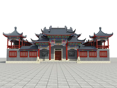Traditional Chinese Ancient Architecture With Ornate Eaves Red Pillars And Tiled Roof 3d model