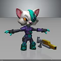 Mechanical Cat Character With Cybernetic Eye And Purple Blue Armor Holding Yellow Tool