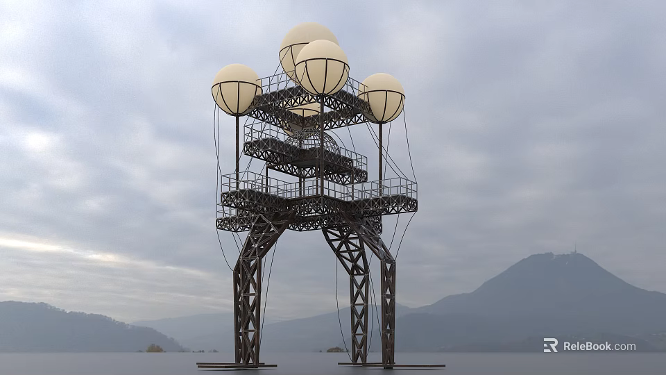 Unique Tower With Multiple White Spheres Metal Frame At Waterfront Against Cloudy Sky And Mountains 3d model 