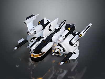 Futuristic White And Black Mechanical 3D Model With Yellow Accents Aerodynamic Wings And Engines 3d model