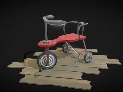 Children's Red Toddler Walker With Four Wheels On Wooden Planks 3d model