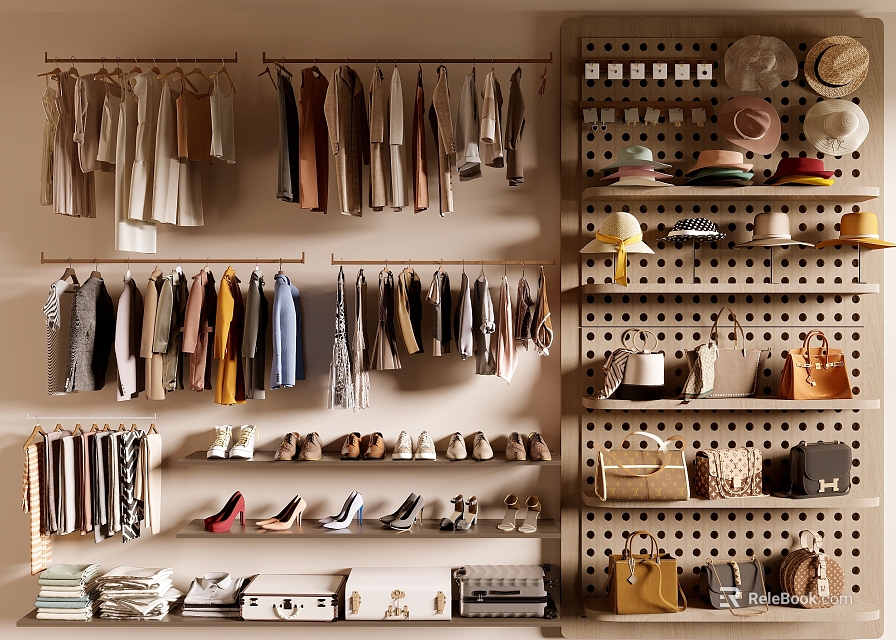 Organized Closet With Hanging Clothes Shoes Bags Hats And Storage Shelves 3d model 