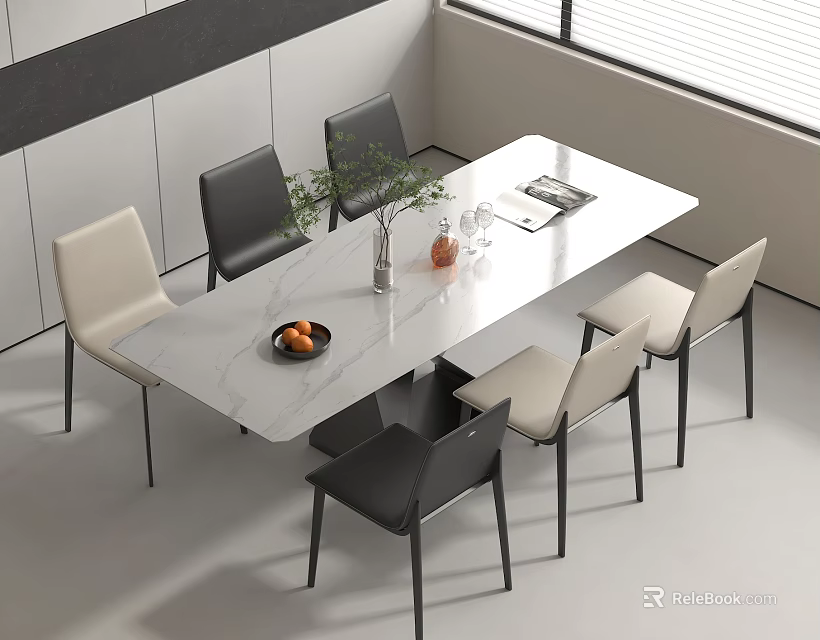 Modern White Marble Top Dining Table Set with Black and Beige Chairs Vase and Fruits 3d model 
