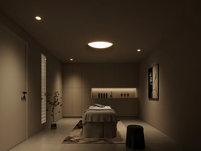 Modern SPA Sauna Room Interior With Massage Bed Cabinet Essential Oil Bottles And Soft Lighting 3d model