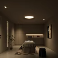 Modern SPA Sauna Room Interior With Massage Bed Cabinet Essential Oil Bottles And Soft Lighting