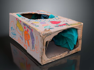 Handmade Cardboard Furniture With Kids' Drawings Holes And Cozy Fabric Inside 3d model