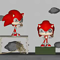 Red Hedgehog Shaped Cartoon Characters With X Eyes Holding Snacks On Platforms Near Wavy Wall